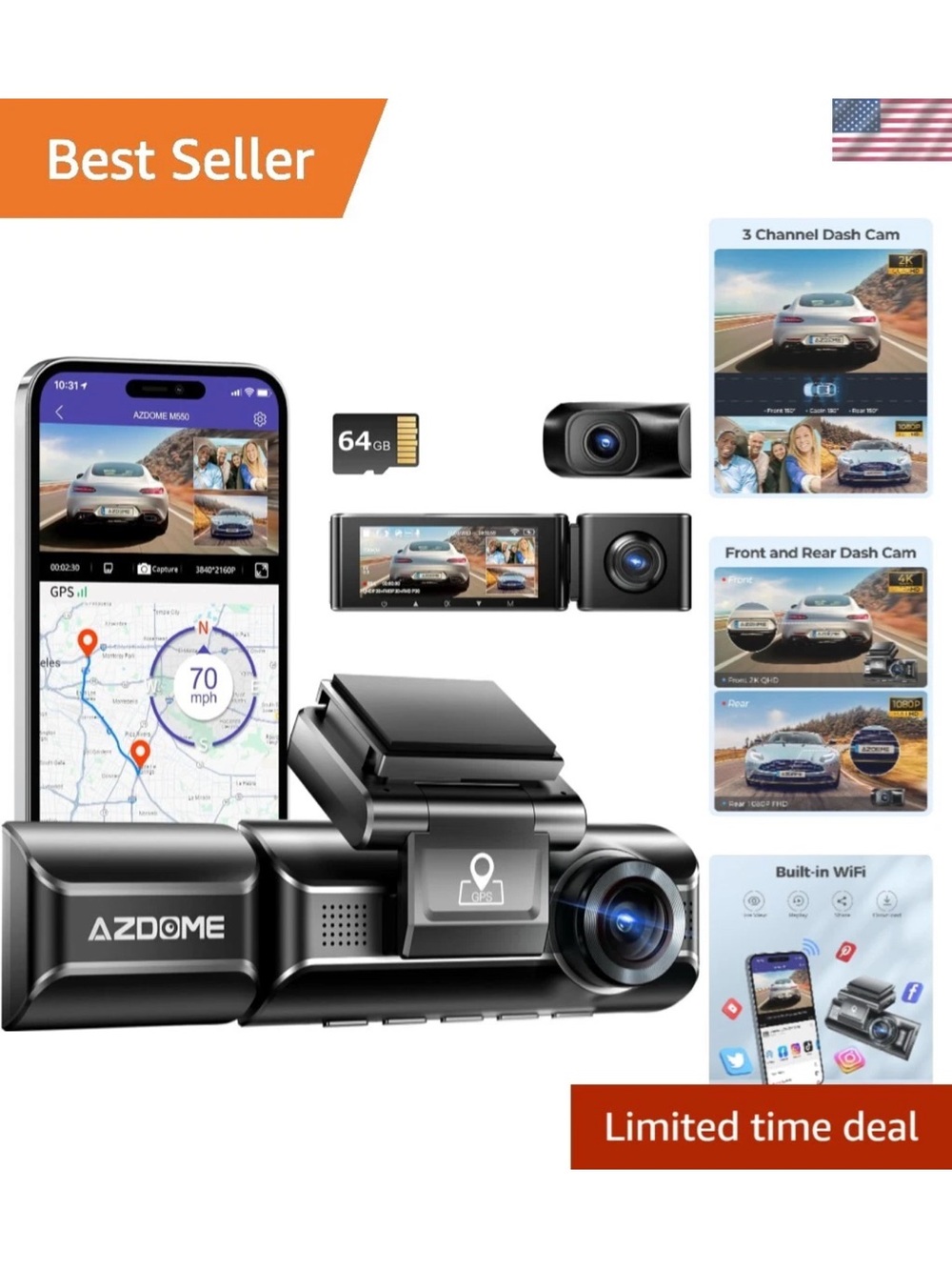 Black Dash Cam with WiFi & GPS - Front and Rear Car Camera